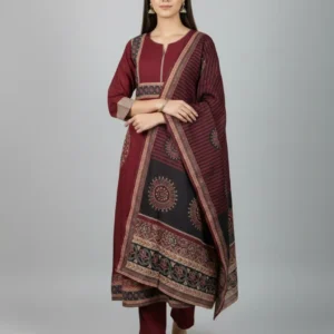 Mal Chanderi Dress Set with Digital Mal Dupatta (Maroon)