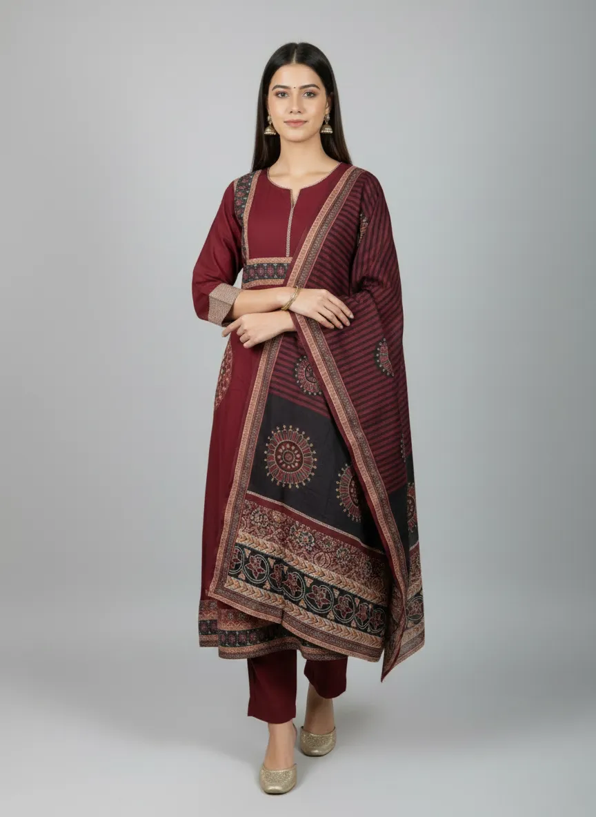 Mal Chanderi Dress Set with Digital Mal Dupatta (Maroon)