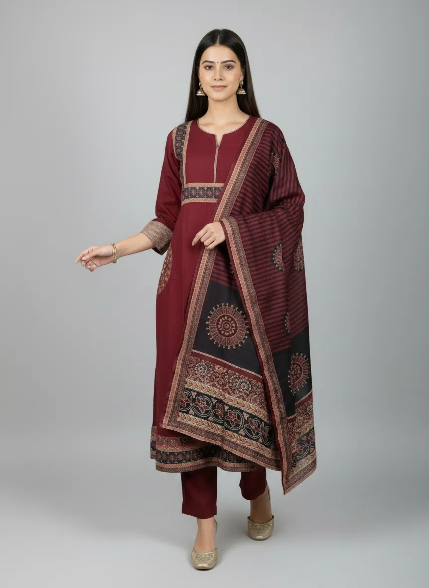 Mal Chanderi Dress Set with Digital Mal Dupatta (Maroon) - Image 4