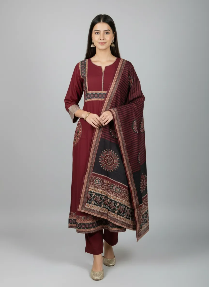 Mal Chanderi Dress Set with Digital Mal Dupatta (Maroon) - Image 5