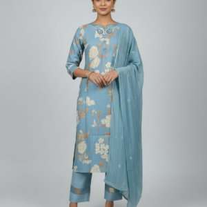 Lovely Embroidery Berlin Kurti Set with Organza Dupatta (Sky Blue, Pink | M–XXL)