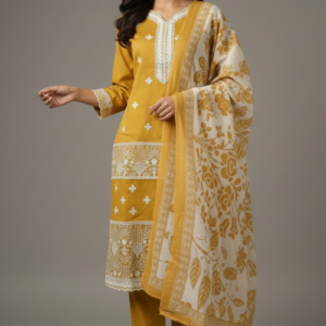 Mal Chanderi Embroidery Kurti Set with Organza Dupatta (Mustard / Maroon | M–XXL)