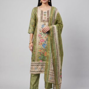 Beautifull Shifli Chanderi Kurti Set with Organza Dupatta (Green | M–XXL)