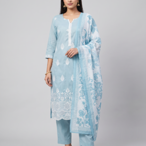Mal Chanderi Embroidery Kurti Set with Organza Dupatta (Rust / Sky Blue | M–XXL)