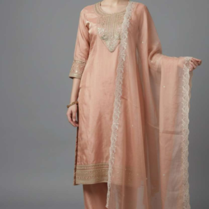 Glass Satin Embroidered Kurti Set with Organza Dupatta (Sky Blue, Yellow, Peach, Light Green | M–XXL)
